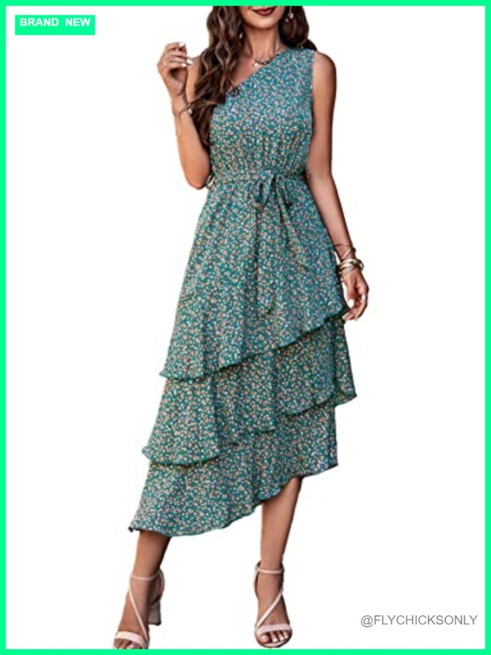 One Shoulder Tiered Ruffle Flowy Midi Boho Dress
